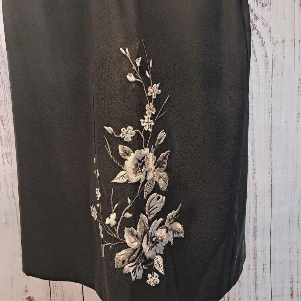 Y2K Vintage 90s CDC 12 Black Satin Slip Dress Spaghetti Strap‎ Embroidery Formal